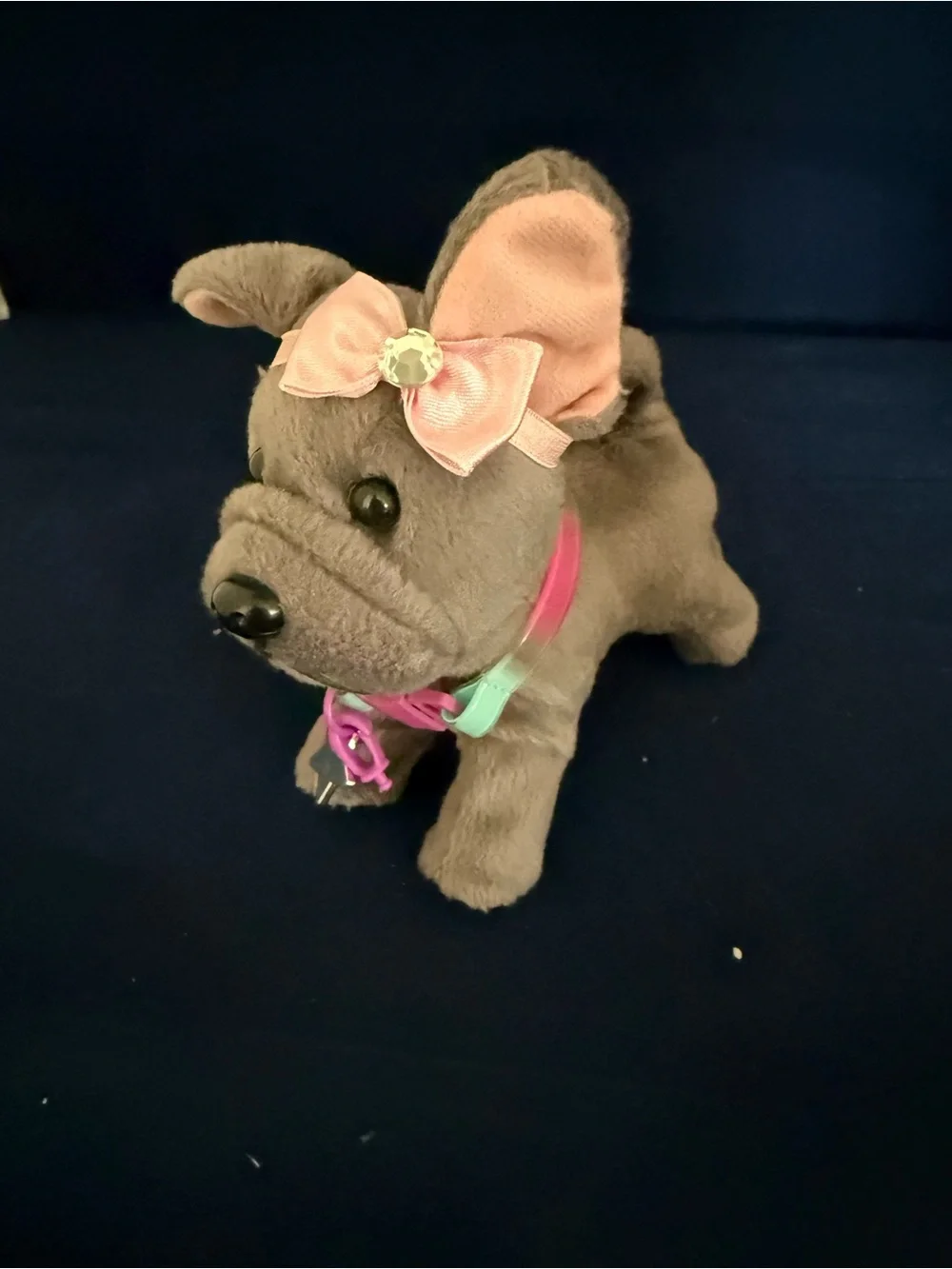 American Girl Gray Plush Dog Toy with Pink Bow and Pink Charm